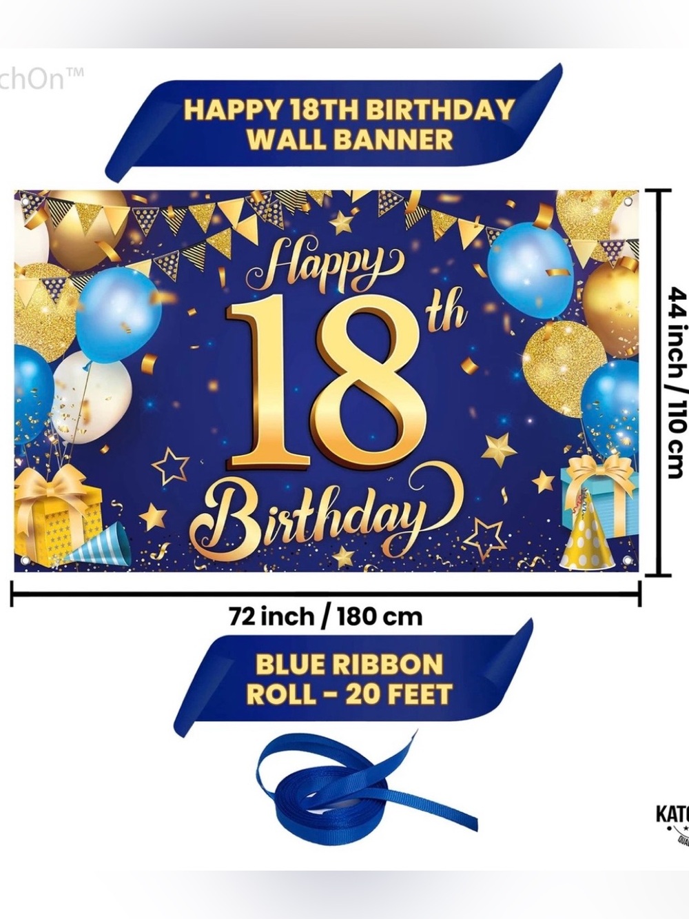 Happy 18th Birthday Blue & Gold Banner for Birthday Decor and Backdrop X-Large - Picture 2 of 3